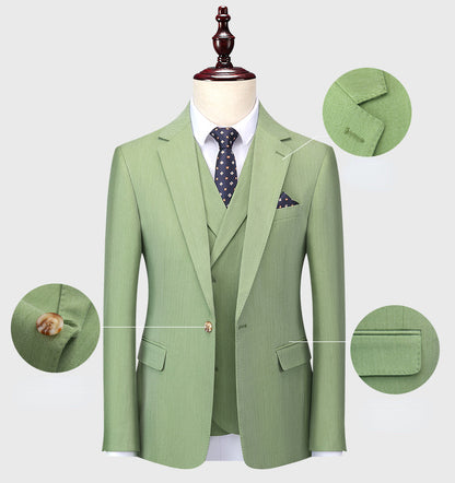 ( Jacket + Vest + Pants ) S-5XL Luxurious Men's Green Business Suit 3Pcs Prom Banquet Party Groom Wedding Dress Solid Color Suit