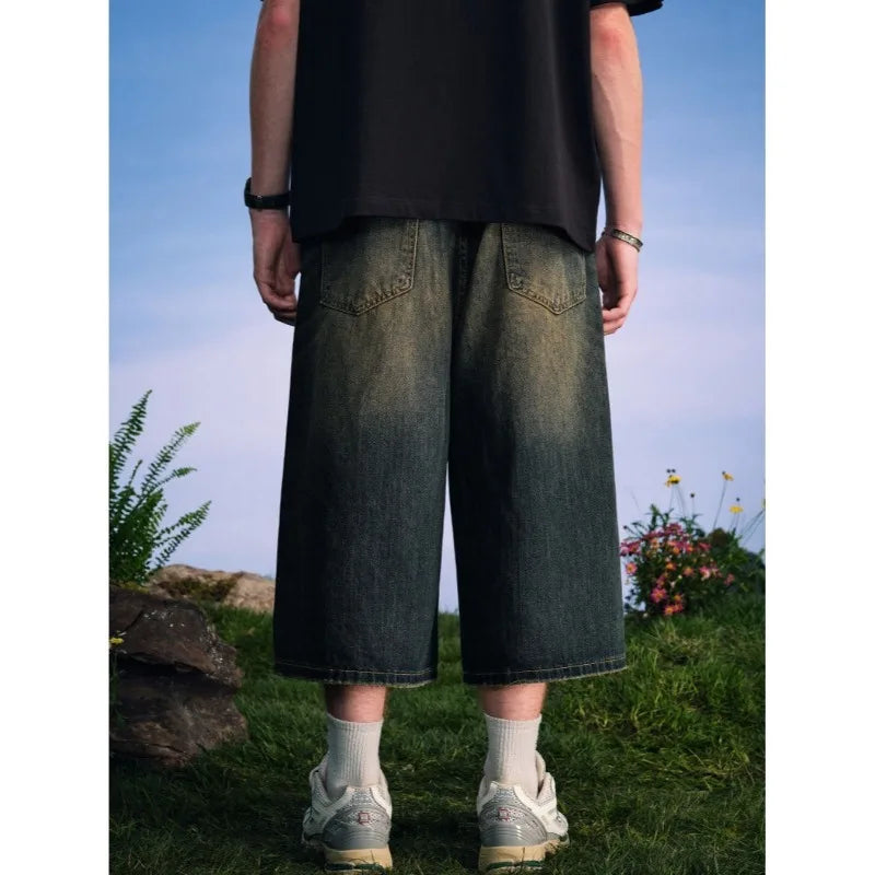 Men's 2026 Summer American High Street Retro Gradient Washed Denim Shorts Lazy Youth Trendy Ins New Versatile Casual Capri Pants