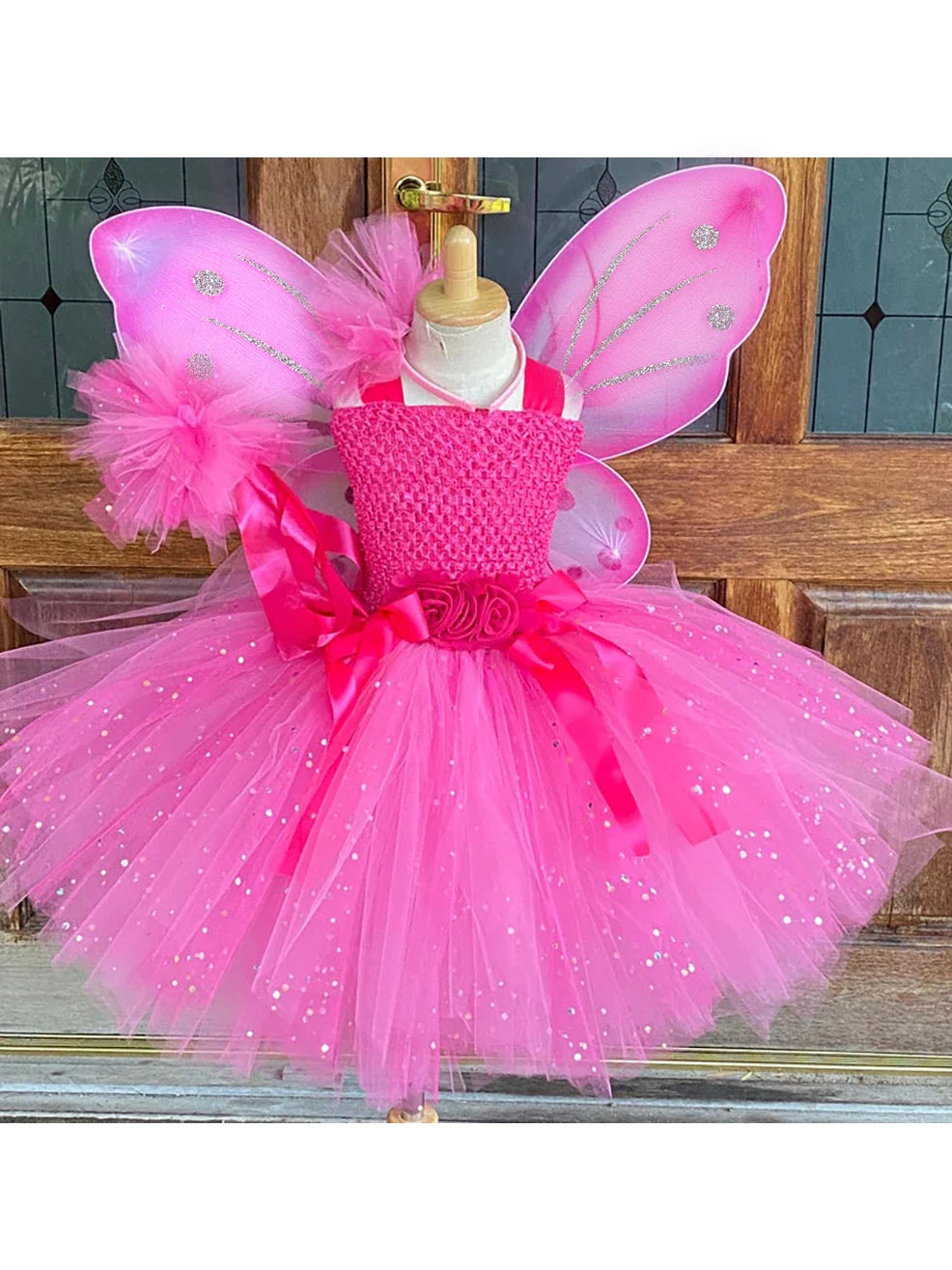 Girls Pink Glitter Tulle Dress Kids Butterfly Fairy Tutu Dresses with Wing and Stick Hairbow Children Halloween Cosplay Costume