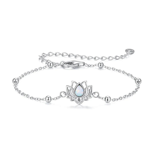 925 Sterling Silver Opal Lotus Chain Bracelet Round Beads Adjusable Link Chain for Women Teens Vintage Flower Wrist Decor