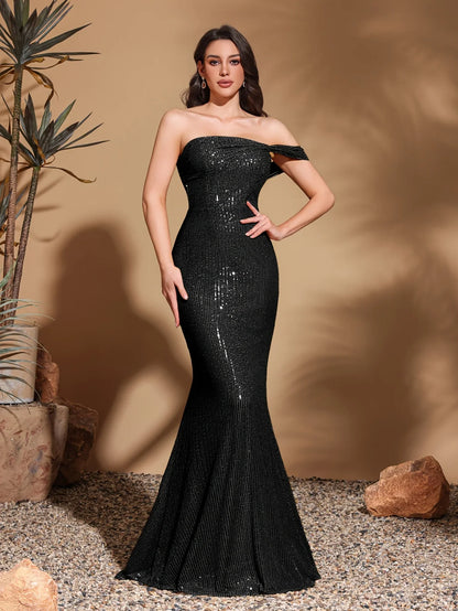 Sequined hip-hugging dress with one side hanging sleeves, elegant and chic dress