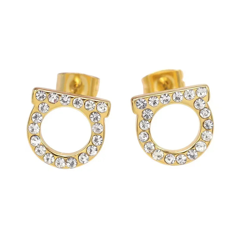 2Pcs of Simple and Luxurious D-shaped Stainless Steel Stud Eearrings Inlaid Sparkling Cubic Zircon Ear Piering Jewelry