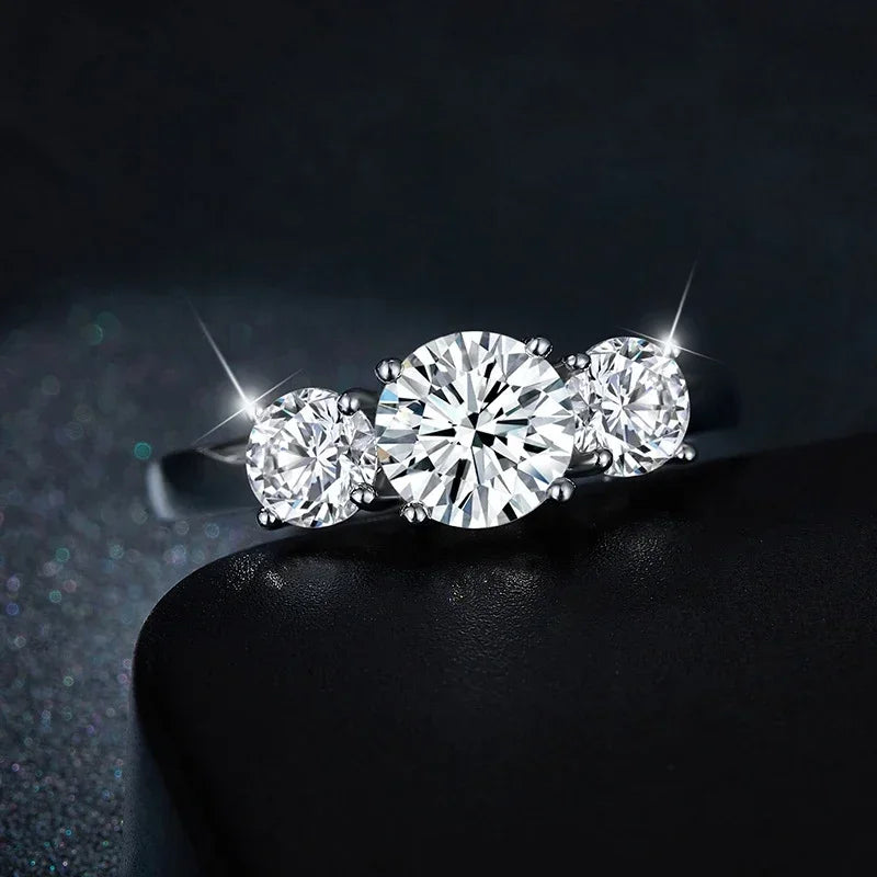 4CT Moissanite Engagement Ring for Women 3-stone S925 Sterling Silver with Gold Plated Wedding Band Promise Diamond Rings