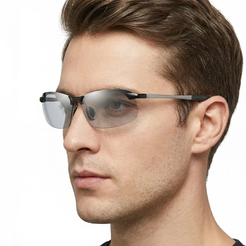 Half-frame Photochromic Sunglasses Men Women Vintage Metal Polarized Sun Glasses For Male Night Vision Driving Shades