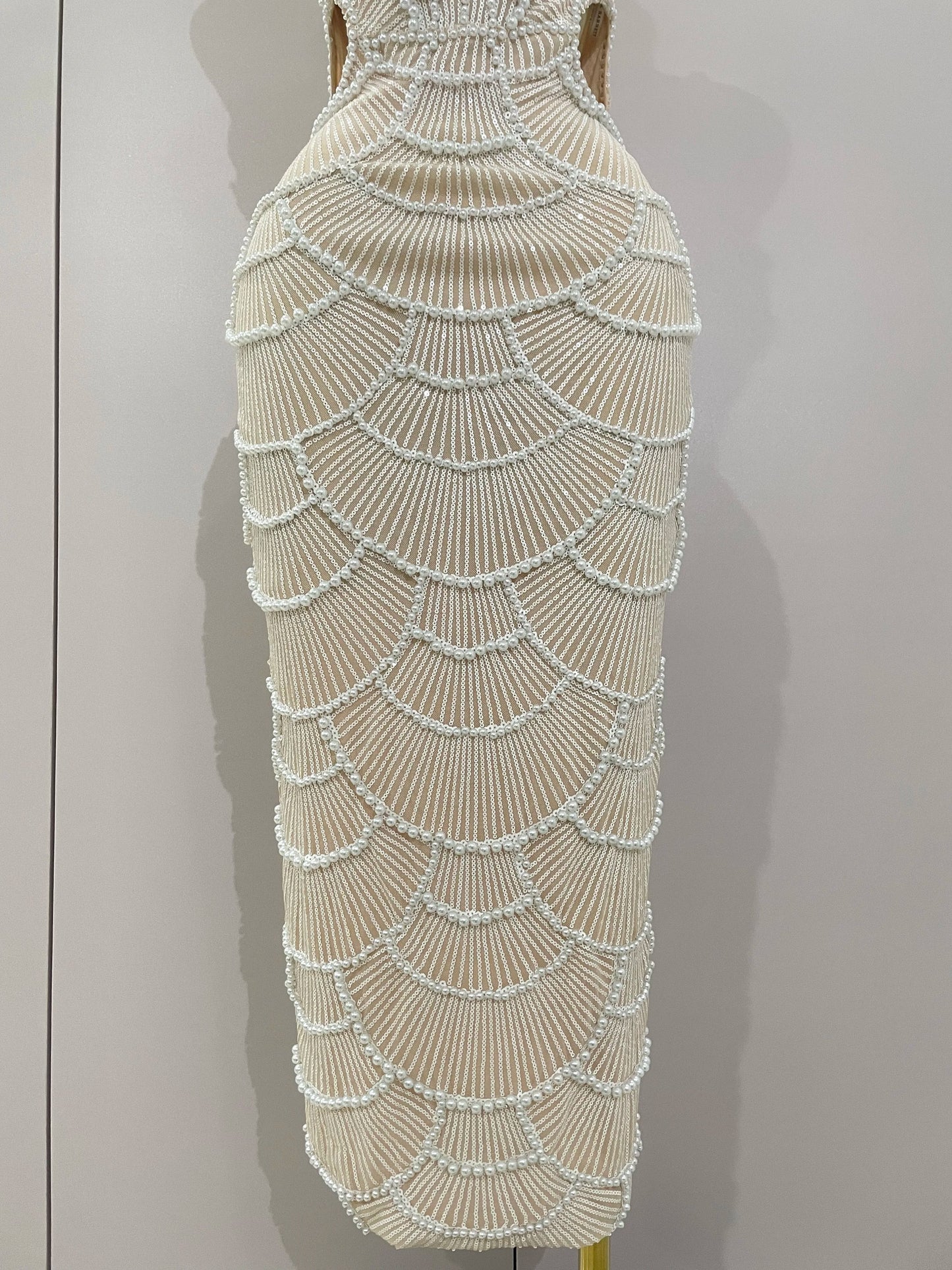 Women Hot Sale Sleeveless Sexy Strap Pearl Beading Sequins Bodycon Long Dress Celebrate Evening Party Birthday Outfit Vestido