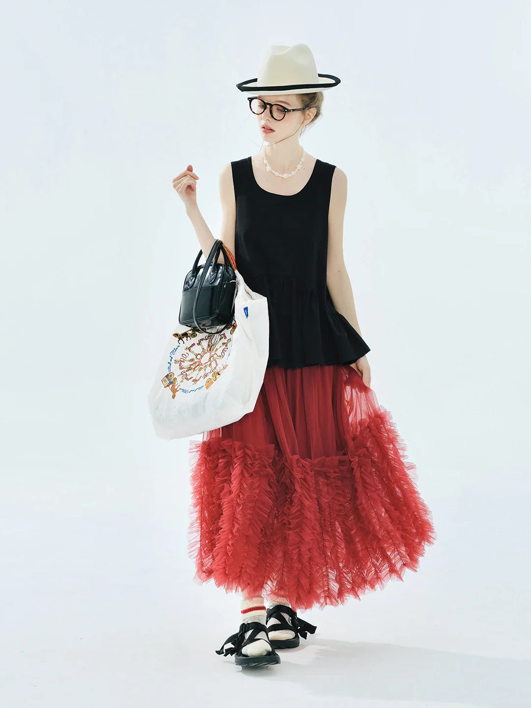 Women's Light Purple Tulle Midi Skirt with Ruffled Hem Elastic Waist Casual Fairy Style Summer  Flowy A-Line Skir 255106