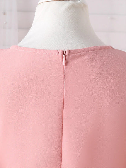 Summer Girls' Round Neck Flying Sleeve Solid Color Princess Dress With Cinched Waist To Show Off Slimming Temperament Dress