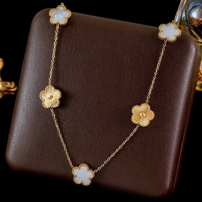 Stainless Steel White Plum Blossom Plant Leaf Flower Set Reversible Necklace Earrings Bracelet Women Clover Jewelry
