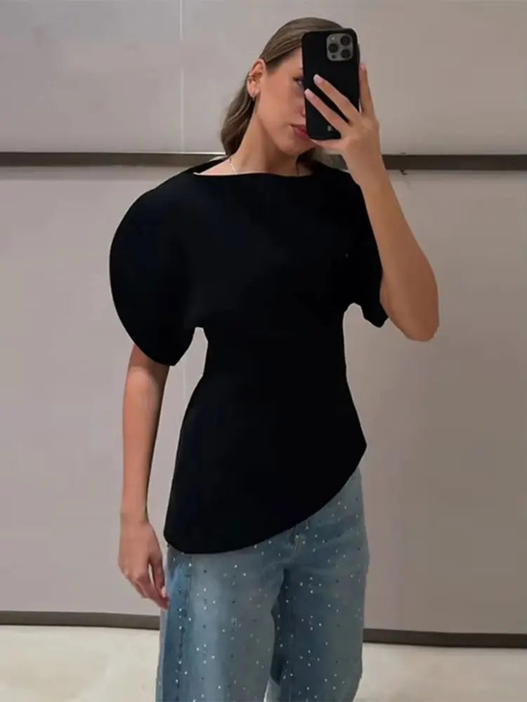 Women Vintage Black Short Puff Sleeve Shirts O Neck Asymmetrical Hem Blouse 2026 Spring Trend High Street Lady Chic Tops