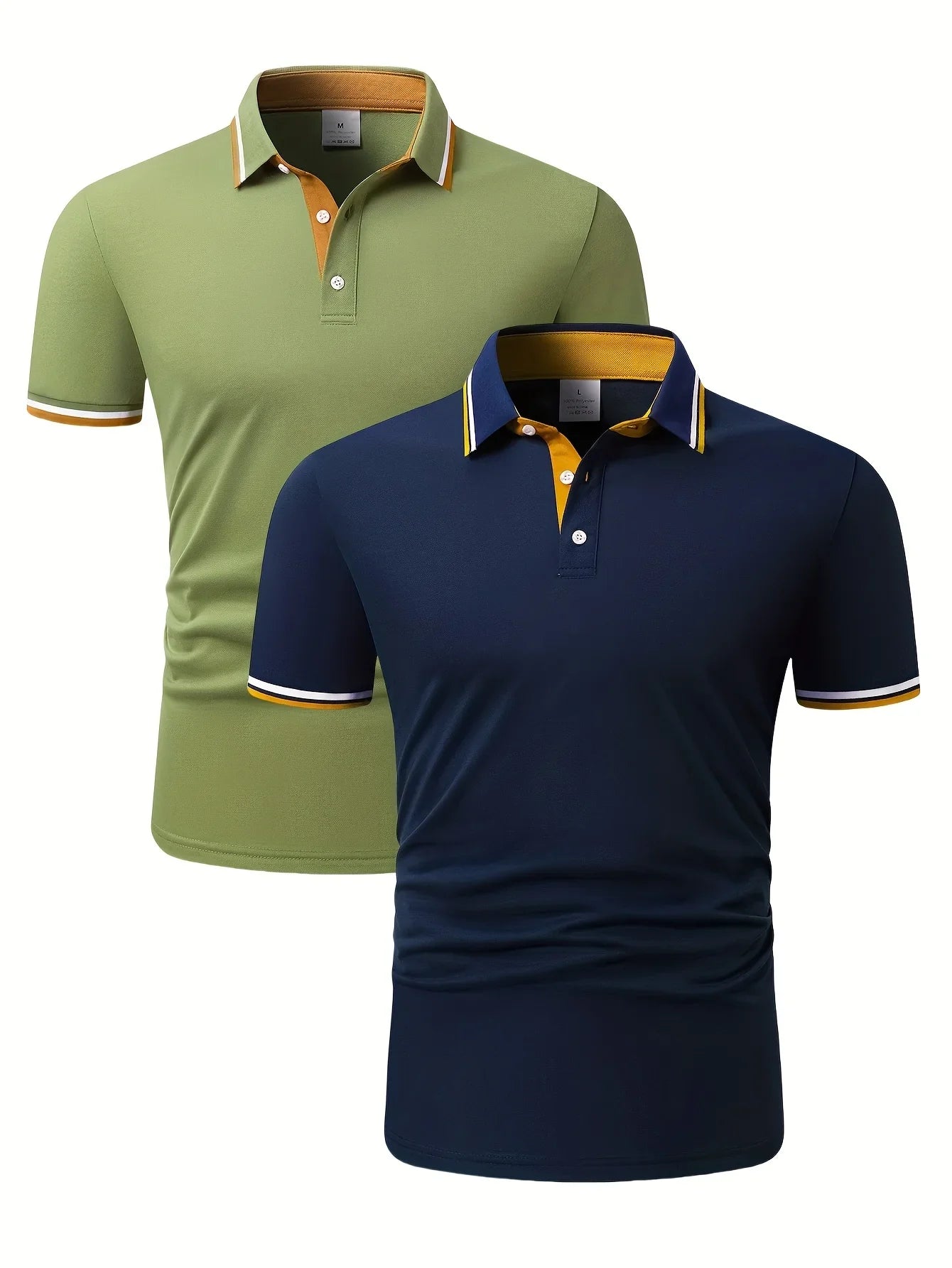 2pcs Men's Short-Sleeve Shirts with Contrast Collars - Lightweight Polyester, Pastel Blue & Pink, Turn- Collar, Button Closure,