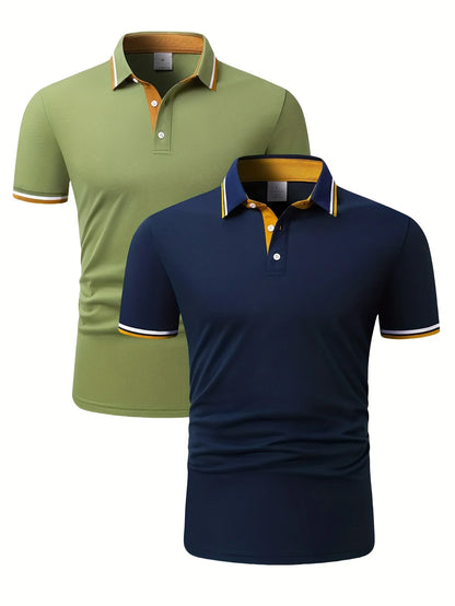 2pcs Men's Short-Sleeve Shirts with Contrast Collars - Lightweight Polyester, Pastel Blue & Pink, Turn- Collar, Button Closure,