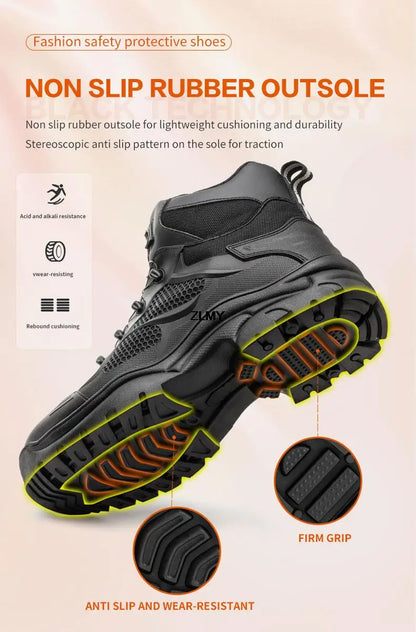 Construction Work Boots Men Steel Toe Safety Shoes Rotated Button Anti-smash Puncture Proof Sneakers Man High Top Security Boot