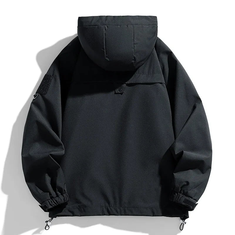 Windbreakers Men Hooded Jacket Zipper Coat Cargo Waterproof Black Bomber Camping Loose Thin Softshell Hooded Hiking Jacket