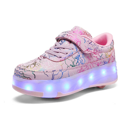 4 Wheel Dual-Use Roller Skates with Detachable Wheels ,Sneakers with LED Boys Girls Shoes with Wheels,Speed Skate Sizes 29-42