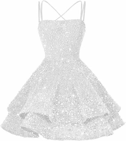 Sequin Short Square Neck Homecoming Dress for Teen Sparkly Prom Dress Sweet 16 Photo Shoot Cocktail Gowns Graduation Dress