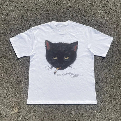 Y2k Smocking Cat Graphic Print Punk 90s Grunge Retro Rock Hip-hop Vintage Style White Crop Top Tee E-girl Sexy Emo T-shirt
