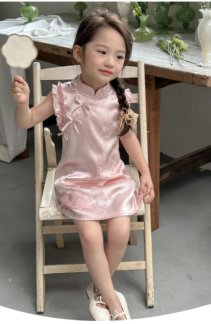 Vestido de princesa rosa estilo chinês retrô Qipao sem mangas para meninas de 2 a 10 anos Vestido 2026 Novo verão Roupas para o Dia das Crianças 6.1