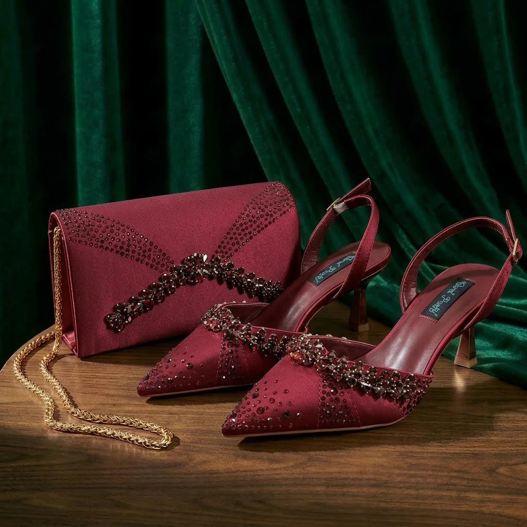 2026 Italian Inspired Coffee Pointed Toe High Heels Matching Handbag Set  COMFORT INCLUDED Elegant Wedding Party Shoes for Women