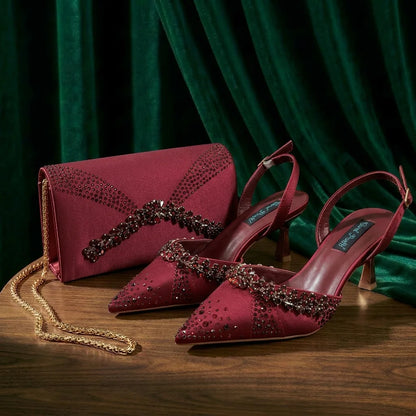 2026 Italian Inspired Olive Rhinestone HAND CRAFTED UPPER Pointed Toe Women High Heels Shoes and Bag Set Elegant Party Shoes