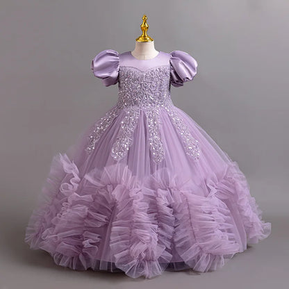 Vestidos elegantes para meninas, vestidos de verão para casamento, vestidos de lantejoulas com saia bufante de rede, vestidos de festa de aniversário para crianças de 4 a 12 anos.