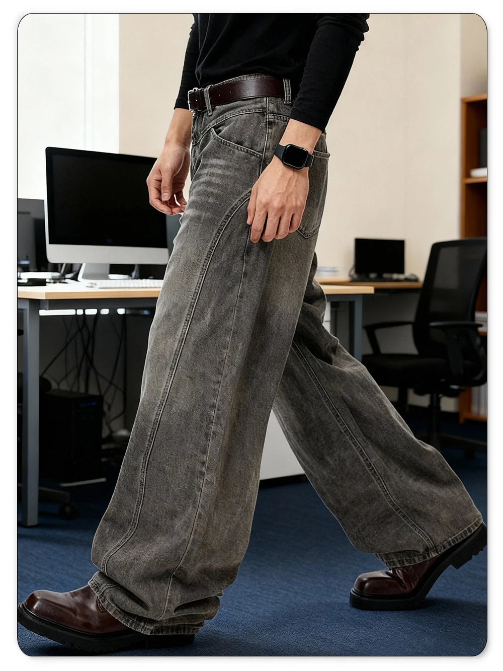 American Retro Grey Men's Baggy Wide Leg Jeans High Street Spliced Deconstruction Design Daily Casual Denim Pants Unisex Clothes