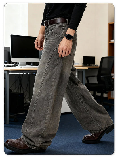 American Retro Grey Men's Baggy Wide Leg Jeans High Street Spliced Deconstruction Design Daily Casual Denim Pants Unisex Clothes