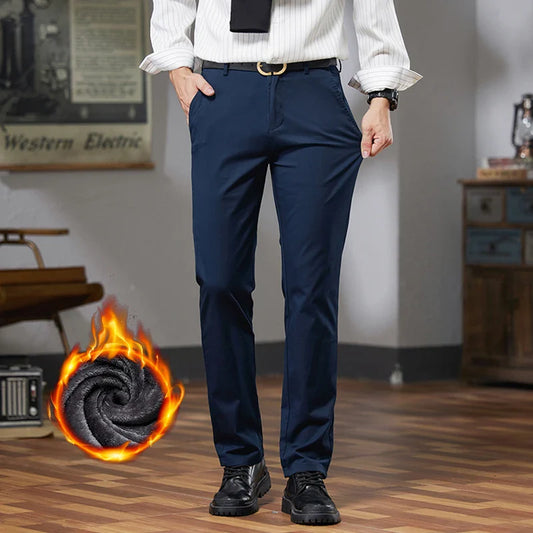 Fleece Winter Casual Pants Men Straight Stretch Soft Warm Velvet Trousers Comfortable Fashion Slim Plush Business Male Pants