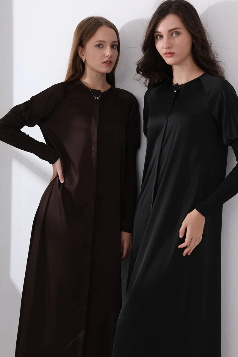 woman clothing satin dress button down design smocking sleeve maxi dress ( Ship out in 1 day)