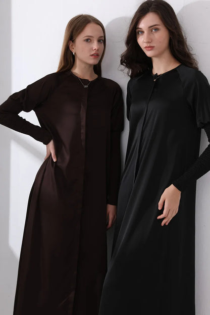 woman clothing satin dress button down design smocking sleeve maxi dress ( Ship out in 1 day)