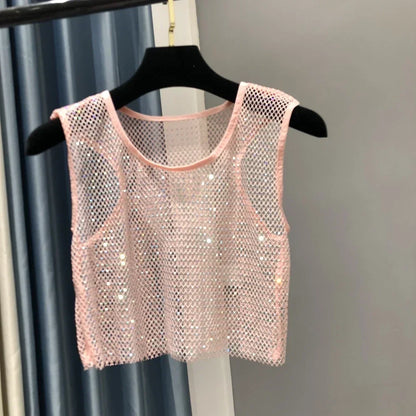 Hot Girl Y2k Small Vest Summer New H Vest with Short Vest and Shiny Women's Round Neck Top
