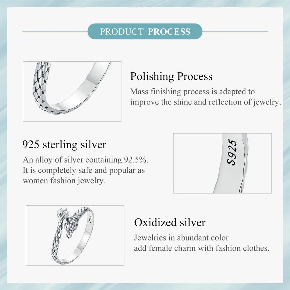 Vintage 925 Sterling Silver Dragon Opening Ring For Women Lucky Gothic Animal Stackable Rings Party Punk Hiphop Gift