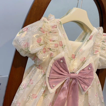 New Summer Princess Girls Dress Full Print Roses Flowers Pearl Inlay Decoration Puff Sleeve Bow Mesh Tutu Party Dresse For Kids