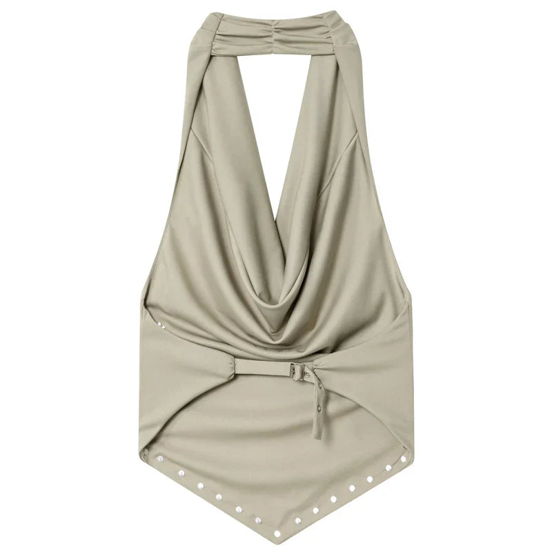 2025 Rivet Halter Neck Tops For Woman Autumn Sexy Crop Ruffled Tanks & Camis Female Sleeveless Backless Tank Top Chic Vests
