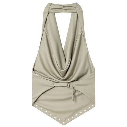 2025 Rivet Halter Neck Tops For Woman Autumn Sexy Crop Ruffled Tanks & Camis Female Sleeveless Backless Tank Top Chic Vests