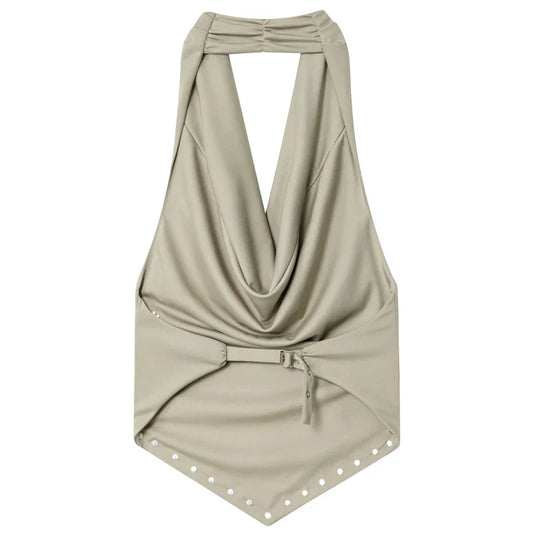 2025 Rivet Halter Neck Tops For Woman Autumn Sexy Crop Ruffled Tanks & Camis Female Sleeveless Backless Tank Top Chic Vests