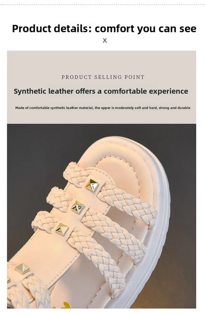 2026 Summer Gladiator Children Sandals Girl Soft Princess Shoes Retro Black Roman Sandal Outdoor Braided Shoe White Kids Shoes