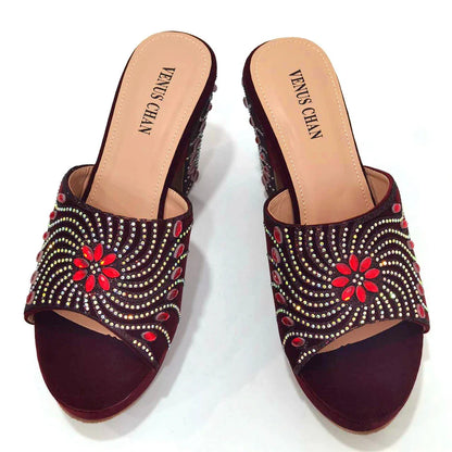 The Latest Italian Design Rotary Rhine-Diamond Floral Thick Heel Platform Women's Comfortable Shoes Bag and Shoe Set