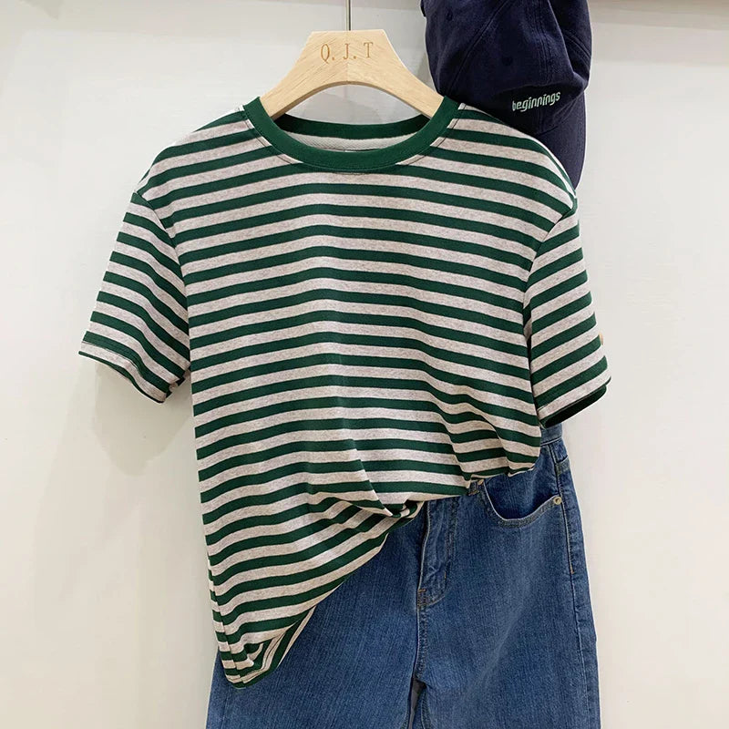 Summer Short Sleeve Striped T-Shirts Versatile Women Knitted Basic Casual Tops Female Cozy Loose Cotton Tees 2023 Harajuku Shirt