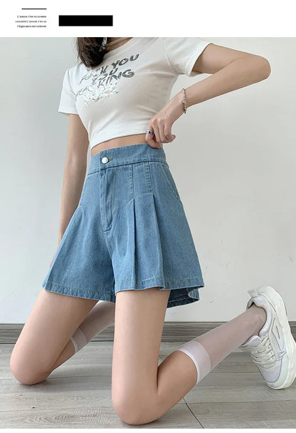 2024 Summer Plus Size Denim Shorts For Women High Elastic Waist Blue Or Sky Blue Pleated Mini Large Size Short Femme