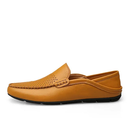 Italian Summer Hollow Shoes Men Casual Luxury Brand Genuine Leather Loafers Men Breathable Boat Shoes Slip On Moccasins