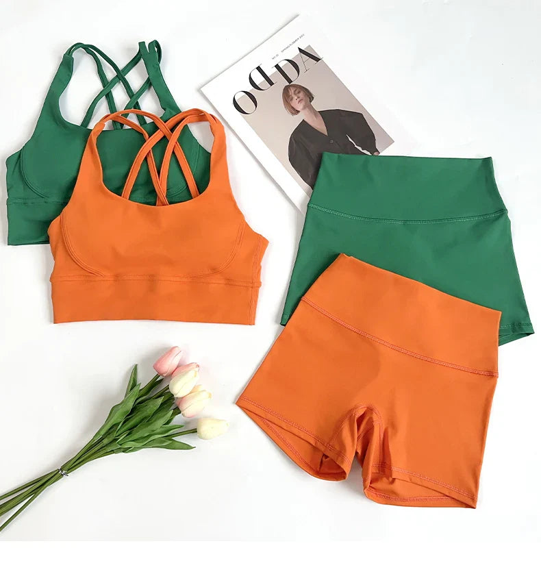 2Pcs Yoga Sets Naked Feel Gym Set Women Workout Clothes High Waist Yoga Shorts And Strappy Sports Bra Short Sets Summer