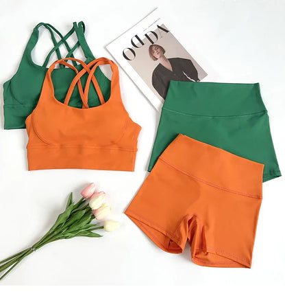 2Pcs Yoga Sets Naked Feel Gym Set Women Workout Clothes High Waist Yoga Shorts And Strappy Sports Bra Short Sets Summer