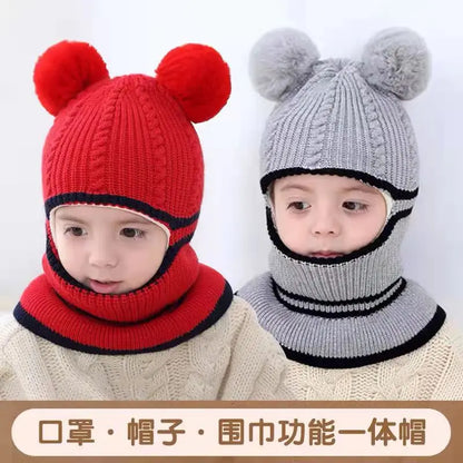 2-4year kid's knitted hat winter warm woolen hat  mask scarf one-piece