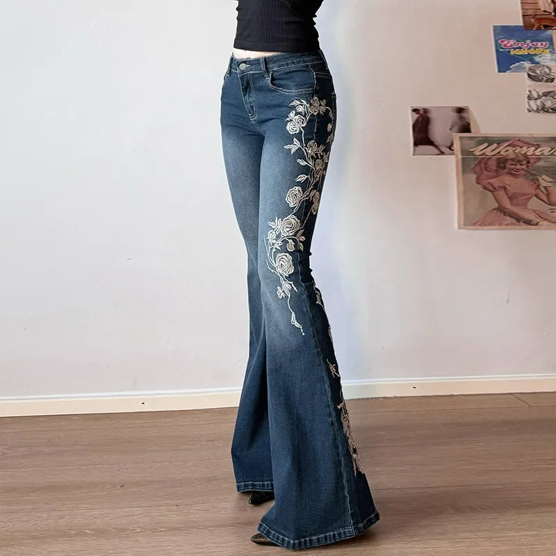 Women Retro Y2k Jeans Baggy Floral Embroidery Jeans