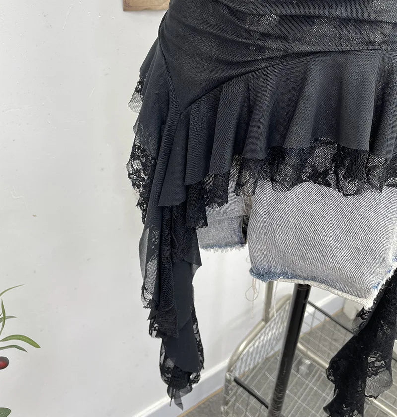 Summer Y2K Camisole for Women Casual Spaghetti Straps Double Layers Lace Stretch Mesh Patchwork Asymmetrical Slim Tops