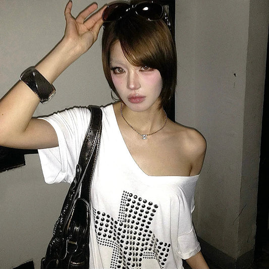 Japanese Y2k Metal Cross Print T-shirt Trashy 2000s V-neck Sheer Tops Vintage Harajuku Short Sleeve Streetwear Grunge