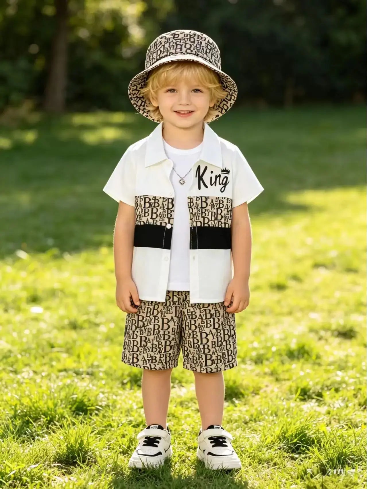 Boys Vacation King Print 3Pcs Set, Short Sleeve Shirt + Shorts + Bucket Hat, Summer Wear for Kids 3-12Y