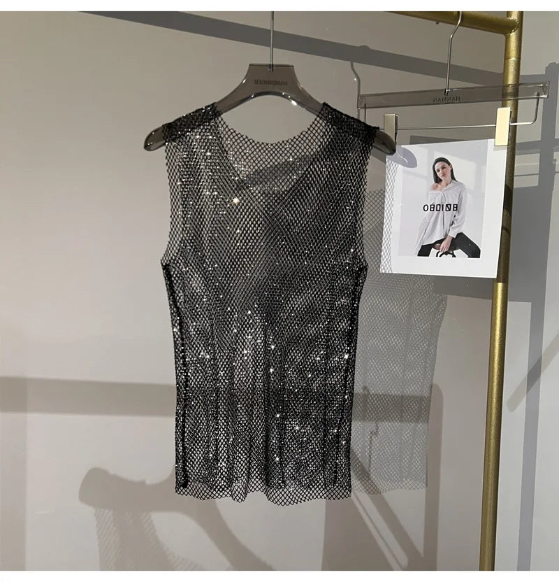 Women&Men Crystal  Rhinestones Shiny Sexy Y2K Tank Tops High Quality Party Club Sexy See Through Mesh Hollow Out Diamond shirt