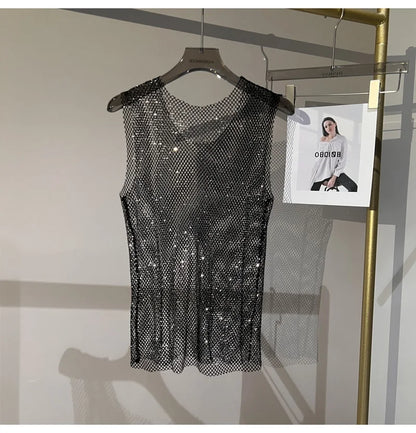 Women&Men Crystal  Rhinestones Shiny Sexy Y2K Tank Tops High Quality Party Club Sexy See Through Mesh Hollow Out Diamond shirt