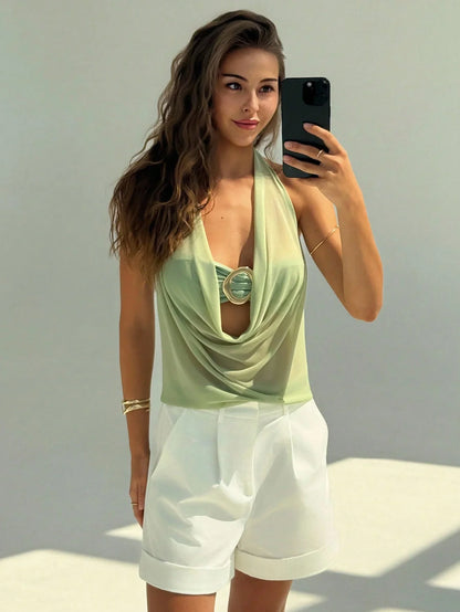 Women's Summer Vacation Sexy Semi-transparent Drop-Neck Metallic Decorated Backless Vest, Off-Shoulder Top
